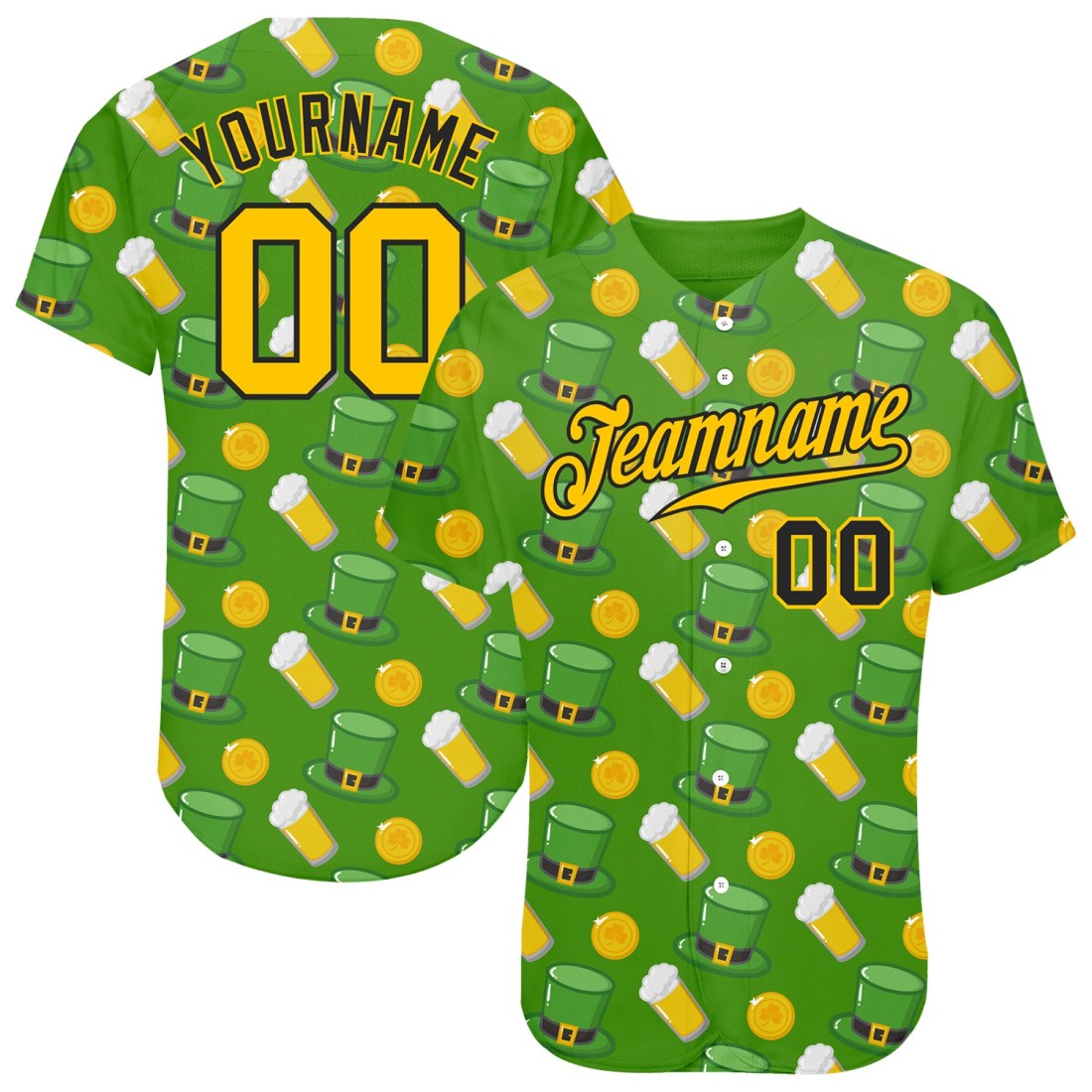 Pattern Authentic Design Kelly Green 3D Day Baseball Custom Gold-Black